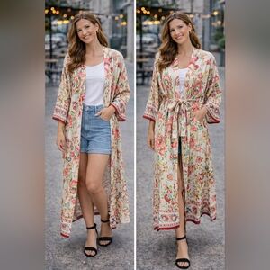 ZARA Floral Colorful Long Robe Belted Viscose Oversized XS NWT